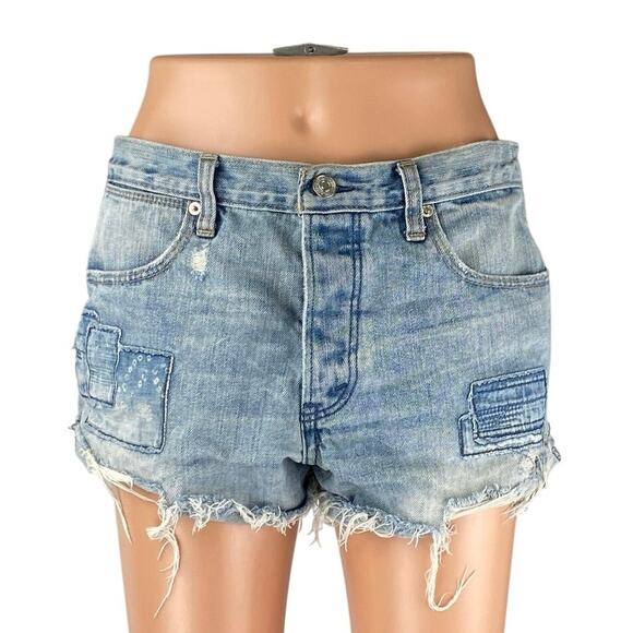 Abercrombie & Fitch Women's Blue High Waist Distressed Patcworks Denim Shorts 6 - Picture 1 of 5